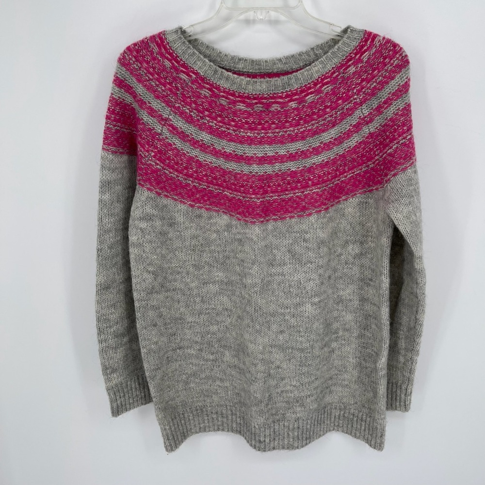 Ann Taylor LOFT Women's Gray Pink Mohair Wool Knit Yoke Fair Isle Sweater Size S